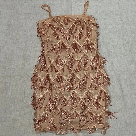 pretty little thing rose gold dress Embellished Appliqué Corset Mini Dress in Pale Gold - 6